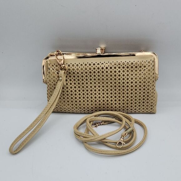 Elegant Beige And Gold Perforated Clutch, Wristlet, and Crossbody Bag - Picture 1 of 9